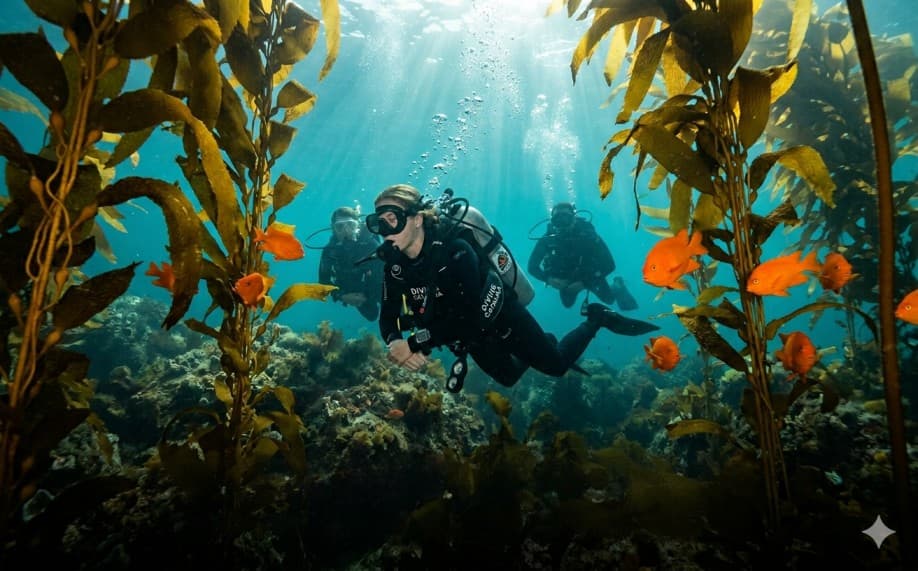 Divers exploring kelp forests off Catalina Island