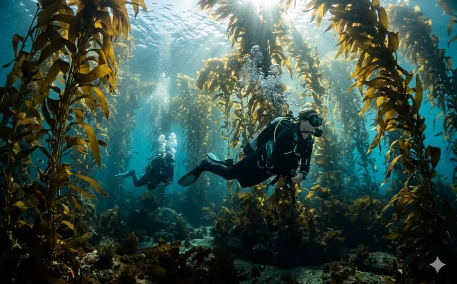Scuba divers in Southern California kelp forests